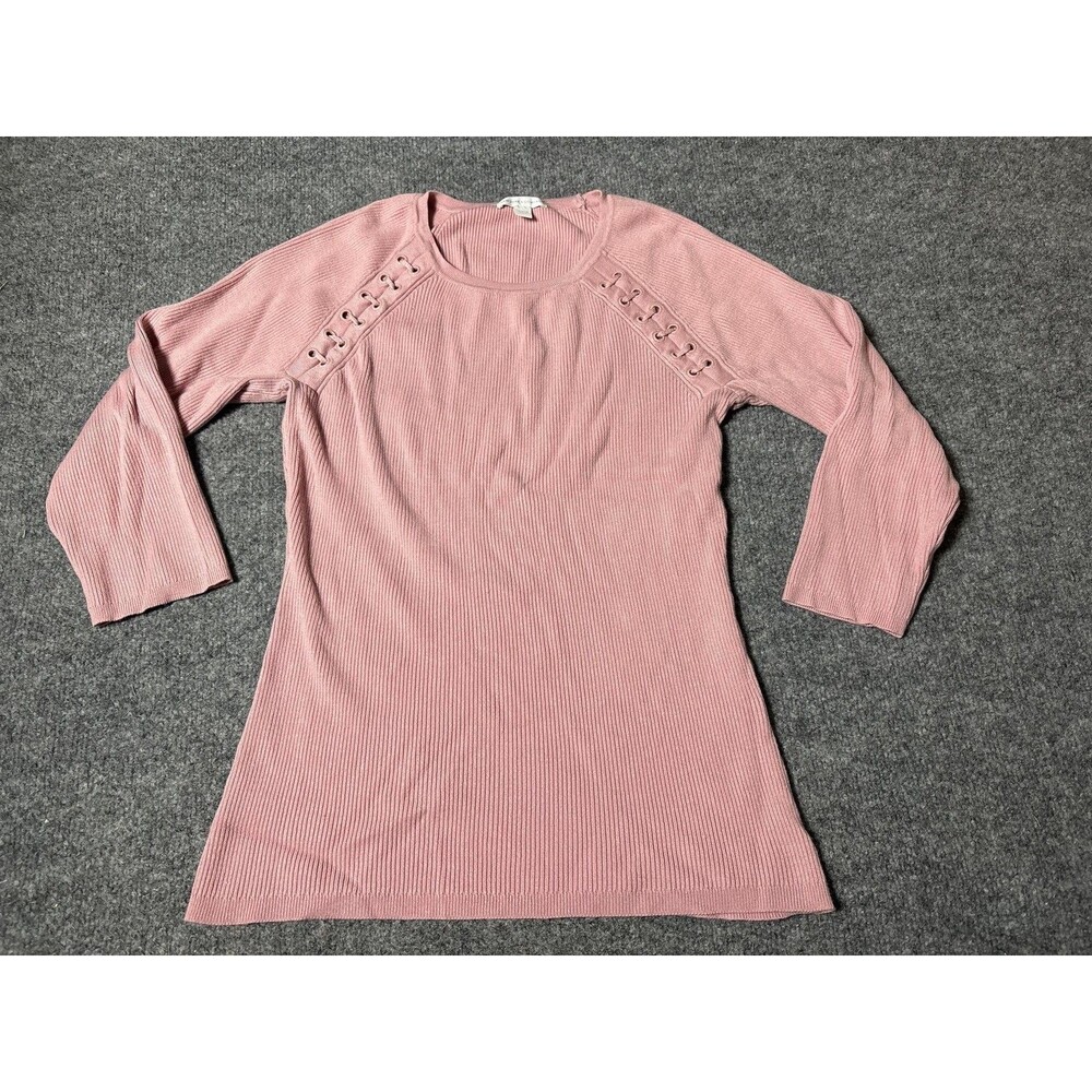 New York & Company Sweater Womens L Pink Ribbed Knit Scoop Neck 3/4 Sleeve Tunic